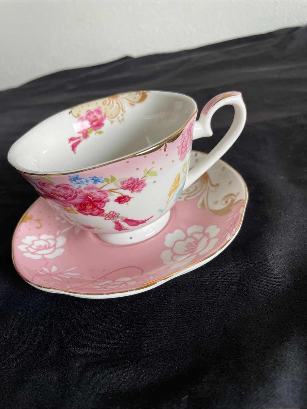 Grace’s Teaware - Pink Floral Porcelain Teacup and Saucer with Gold Trim